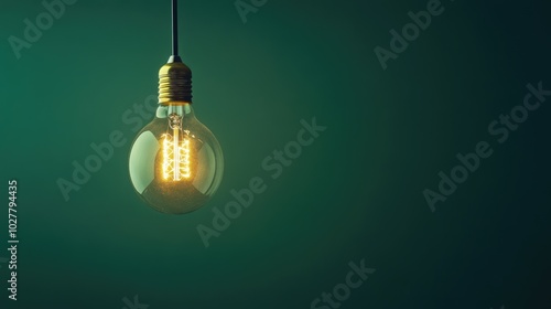 Artistic lightbulb on a deep green background, clear space for adding your own text photo