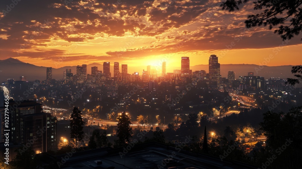 A stunning view of a city skyline at sunset, with the sun setting behind the buildings and casting a warm glow over the city. A stunning view of a city skyline at sunset, with the sun setting behind the buildings and casting a warm glow over the city.