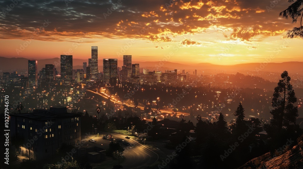 Fototapeta premium Cityscape at Sunset with Golden Sky