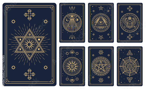 Tarot cards with magic signs and esoteric mystic symbols, vector decks covers. Tarot cards with esoteric magic sun and stars in pentagram with masons pyramid and Horus eye for reverse decks design