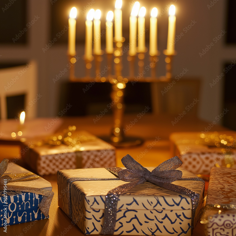 Beautifully Wrapped Hanukkah Presents in Blue and Silver Theme on Festive Table Beautifully Wrapped Hanukkah Presents in Blue and Silver Theme on Festive Table