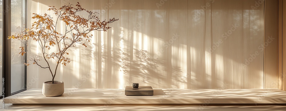 product display background, light brown colour scheme, wooden frame silk curtains with shadows, yellow plant leaves, sunshine through glass door, peaceful afternoon scene, large copy space product display background, light brown colour scheme, wooden frame silk curtains with shadows, yellow plant leaves, sunshine through glass door, peaceful afternoon scene, large copy space