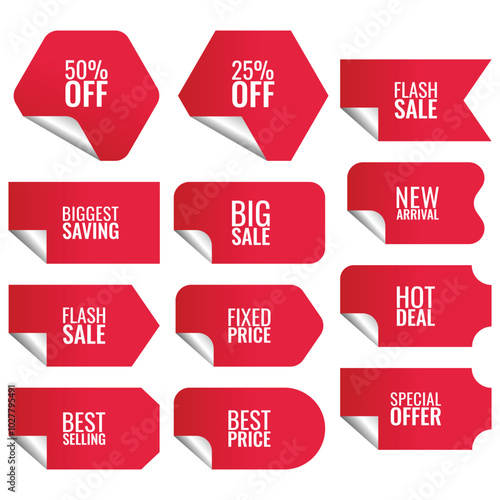 Set of red price, sale, discount, ticket and coupon fold sticker with text illustration