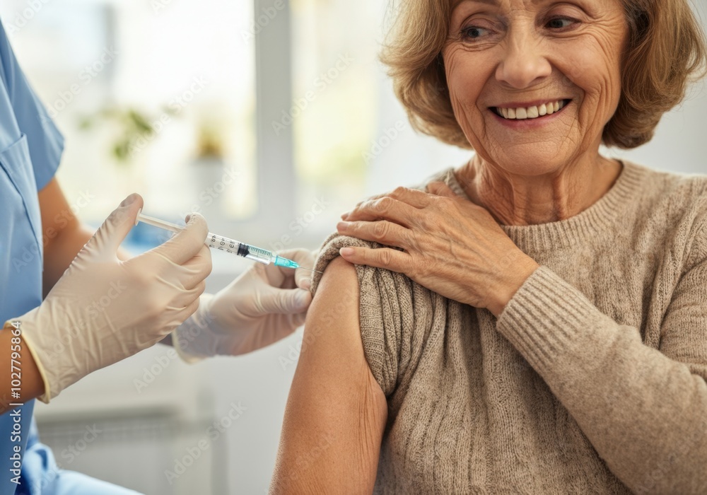 Fototapeta premium Nurse is giving a vaccine to a smiling senior woman