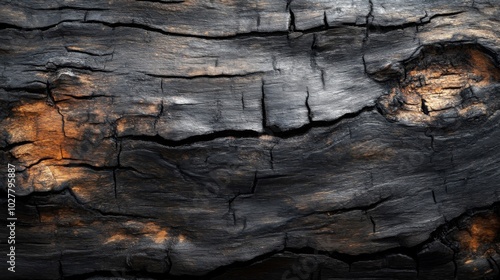 Close-up of a charred, weathered wooden surface with cracks and knots