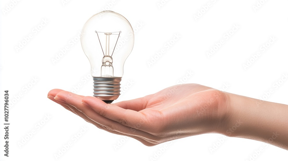 Close-up of a hand gently grasping a lightbulb, on a bright white background, clear area for showcasing ideas Close-up of a hand gently grasping a lightbulb, on a bright white background, clear area for showcasing ideas