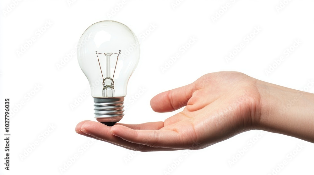 Close-up of a hand gently grasping a lightbulb, on a bright white background, clear area for showcasing ideas Close-up of a hand gently grasping a lightbulb, on a bright white background, clear area for showcasing ideas