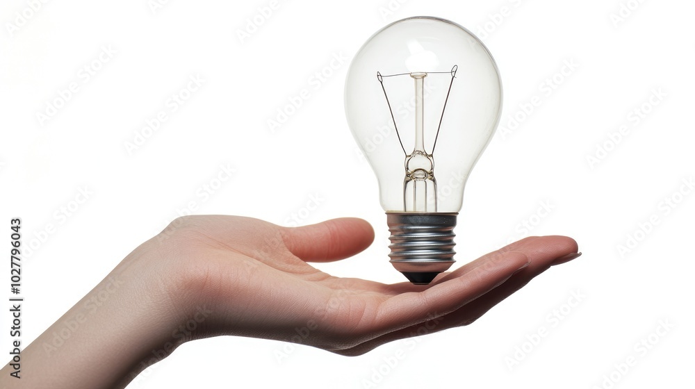 Close-up of a hand gently grasping a lightbulb, on a bright white background, clear area for showcasing ideas Close-up of a hand gently grasping a lightbulb, on a bright white background, clear area for showcasing ideas
