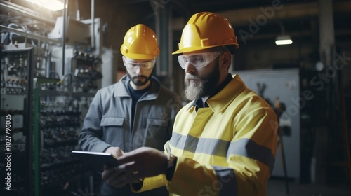 group of industrial engineers workers in a refinery - oil and gas processing equipment and machinery, engineers collaborate with a laptop, blueprint, and digital tablet at the oil storage tanks site.