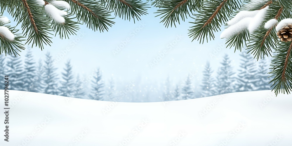 Snowy winter forest scene with pine branches. Snowy winter forest scene with pine branches.