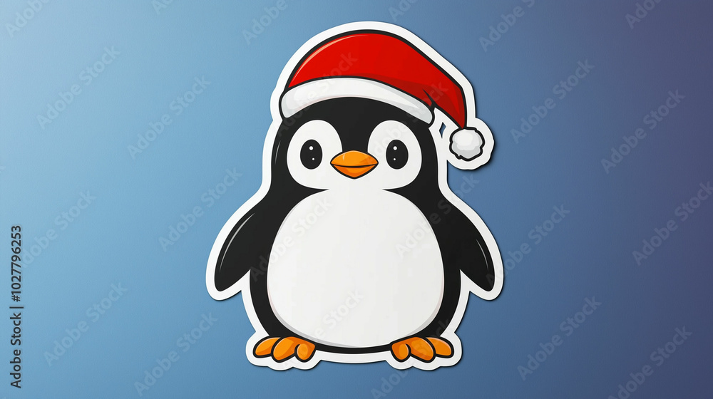 Obraz premium A cheerful penguin wearing a Santa hat against a simple blue background, perfect for holiday celebrations and winter festivities
