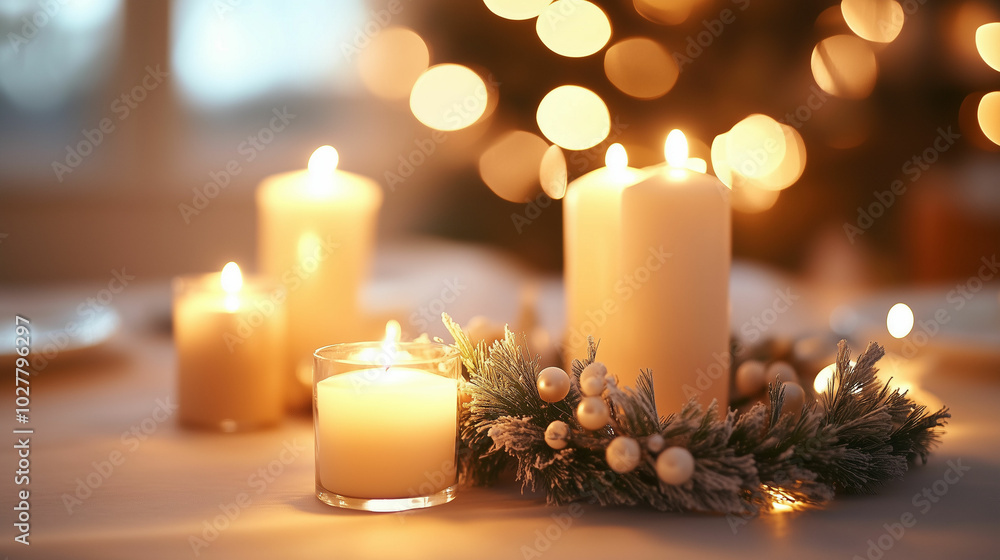 Elegant winter holiday table setting featuring candles, evergreen accents, and soft lighting for a cozy festive atmosphere Elegant winter holiday table setting featuring candles, evergreen accents, and soft lighting for a cozy festive atmosphere