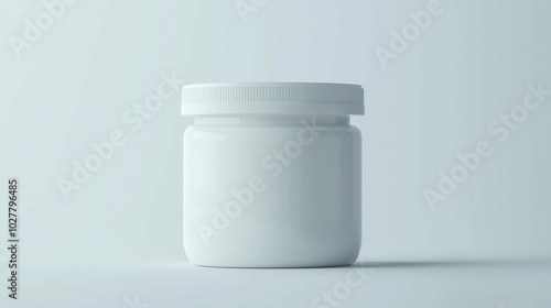 White plastic medical jar with lid for storing pills and supplements on a clean surface in a clinical setting