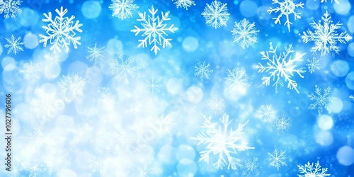 White snowflakes fall on a blue background.