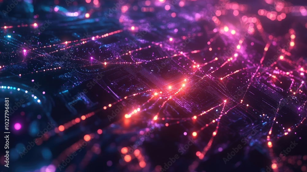Obraz premium Complex high-tech technology connections with glowing nodes and vibrant data streams
