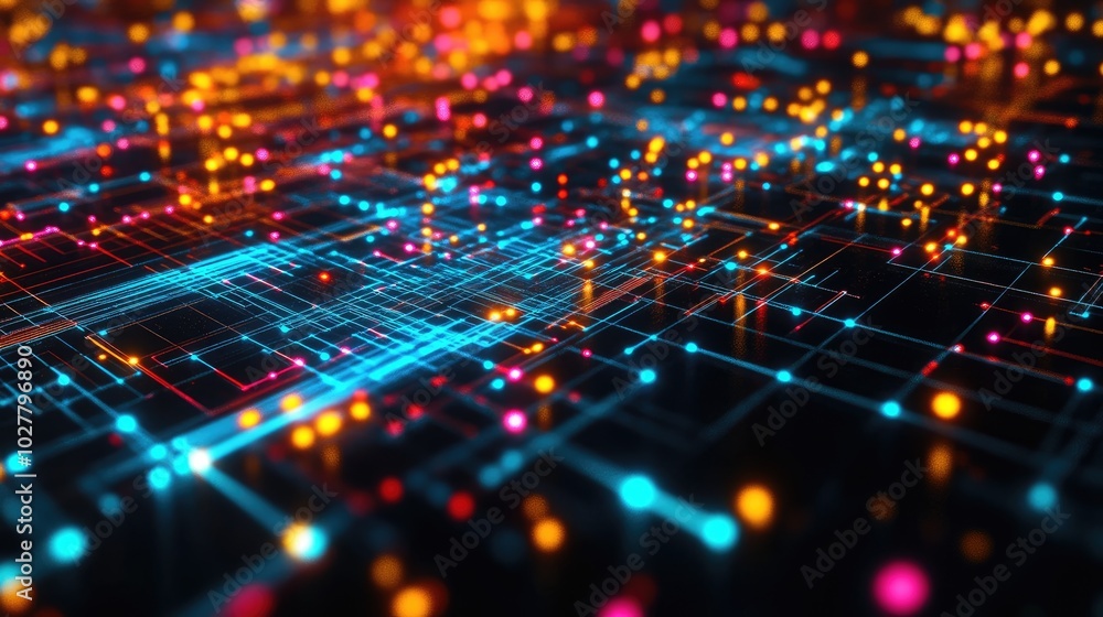 Complex high-tech technology connections with glowing nodes and vibrant data streams