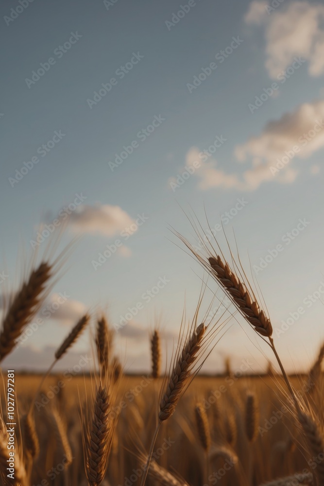 Fototapeta premium Golden Wheat Field at Sunrise with Soft Clouds.