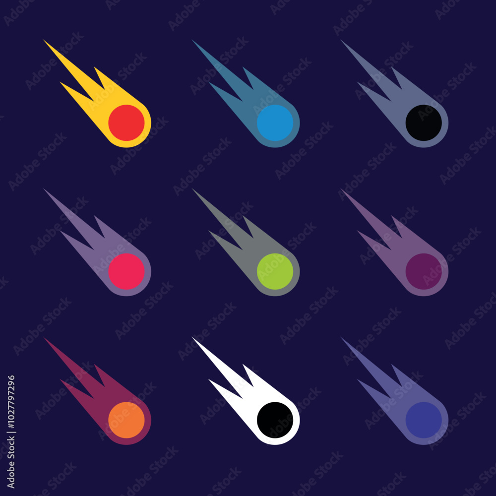 Meteorite or comet icon. Symbol of space or apocalypse. Flying or burning celestial body. Fiery trail in the sky. Meteorite or comet icon. Symbol of space or apocalypse. Flying or burning celestial body. Fiery trail in the sky.