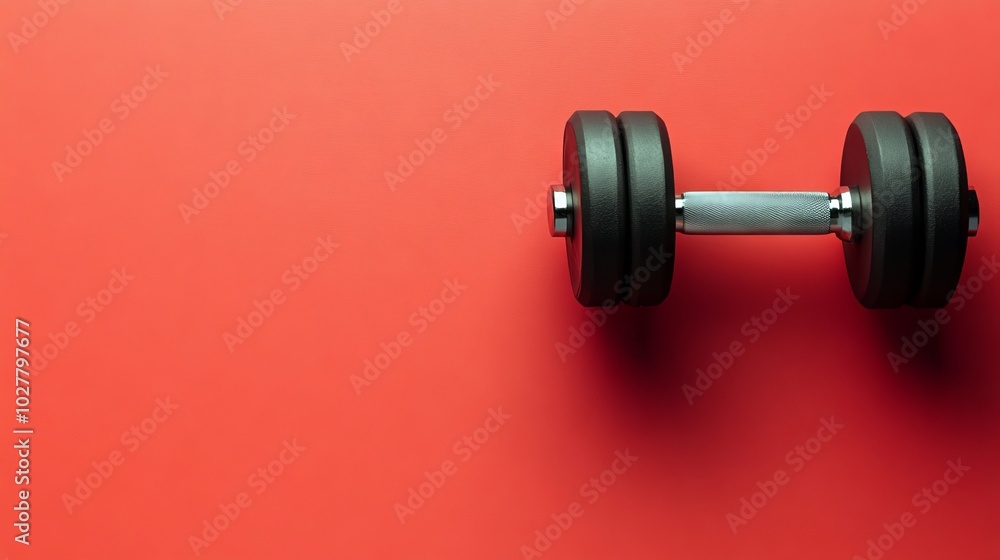 Fitness dumbbell on red background, space for copy Fitness dumbbell on red background, space for copy