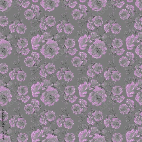 Floral, grey roses blue seamless pattern. Seamless vector pattern of twigs with rosebuds. Seamless vector pattern of rose twigs with buds. Sprigs of roses with buds. Rosebuds.