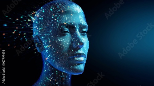 Image of AI or artificial intelligence information and technology deputised by a computer generated face amongst abstract moving lines and points.