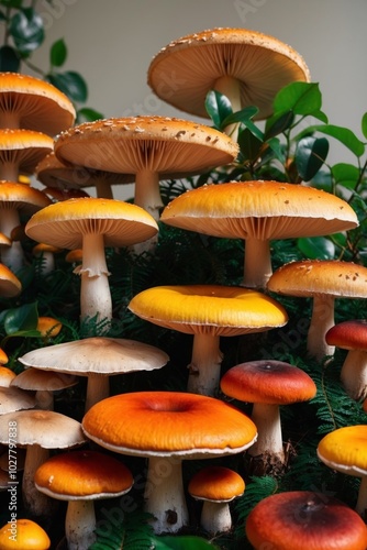 Vibrant Mushrooms Growing in Sunlit Forest Clusters. photo