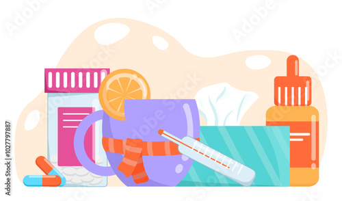 Cold and flu treatment. Hot drink with lemon slice, thermometer and pills. Healthcare and medicine, treatment. Pharmaceutical thermometer. Flat vector illustration