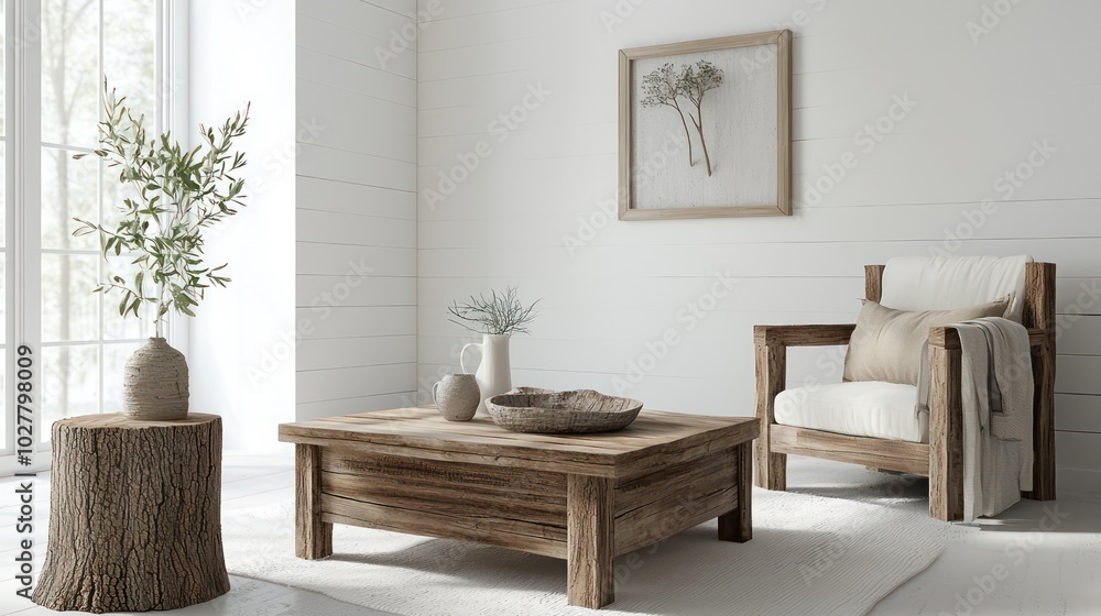 A 3D living room scene with white walls, wooden coffee table, armchair, and a tree stump used as an end table A 3D living room scene with white walls, wooden coffee table, armchair, and a tree stump used as an end table