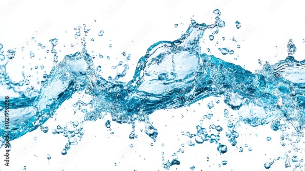 Detailed blue water splash isolated on a clean white backdrop, showcasing the beauty and energy of the water droplets in mid Detailed blue water splash isolated on a clean white backdrop, showcasing the beauty and energy of the water droplets in mid