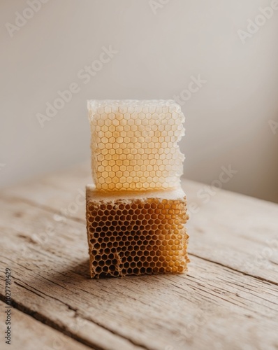 Natural Honeycomb Structure on Wooden Surface. photo