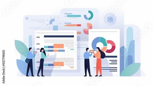 Data analysis concept. Teamwork of business analysts on holographic charts and diagrams of sales management statistics and operational reports, key performance indicators. Flat vector illustration