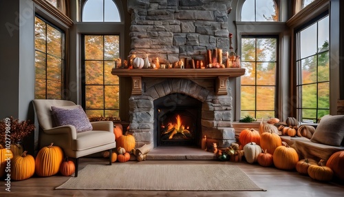 A cozy fall living room with a stone fireplace and vibrant pumpkin decorations. Generative AI