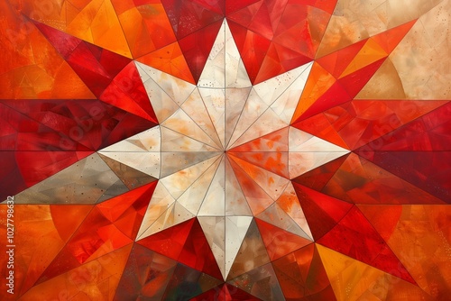 Geometric abstract painting featuring a star-shaped pattern of triangles in shades of red, orange, white, and beige, with textured surfaces and intersecting lines