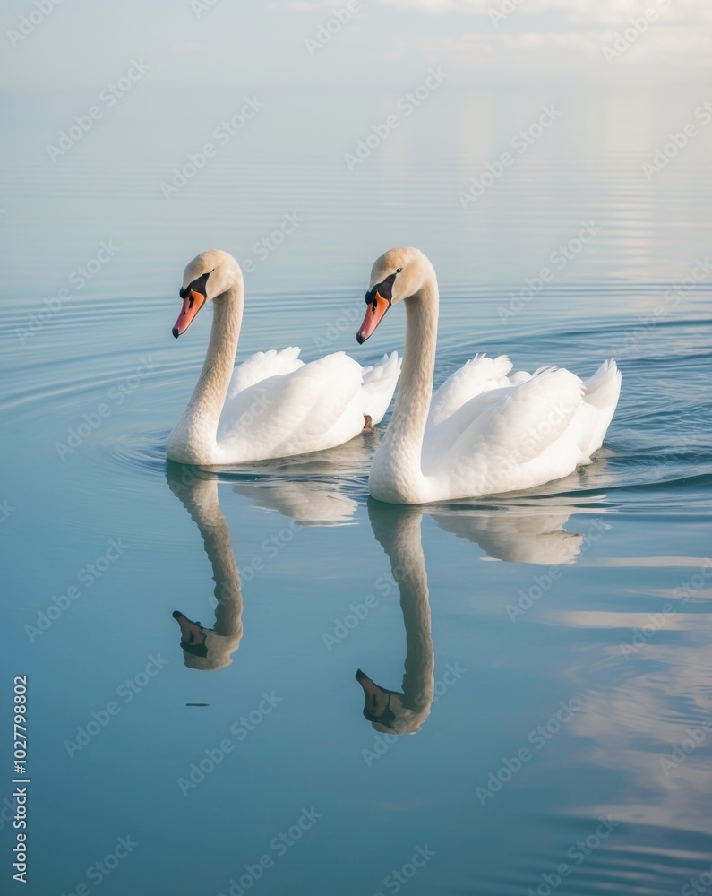 Two Swans Gracefully Swimming in a Blue Lake. Two Swans Gracefully Swimming in a Blue Lake.