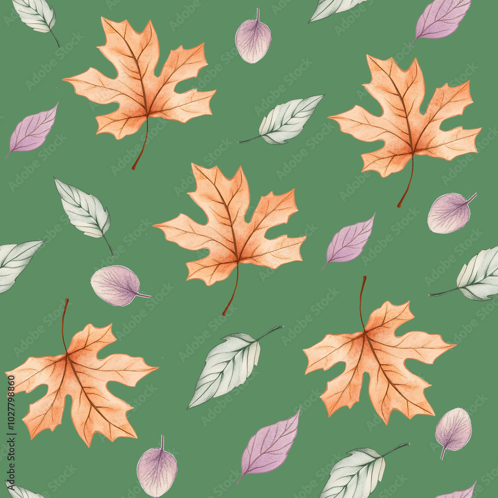 Seasonal autumn seamless pattern with forest tree leaves, forest leaf, fall elements pastel colours for fall decor Seasonal autumn seamless pattern with forest tree leaves, forest leaf, fall elements pastel colours for fall decor