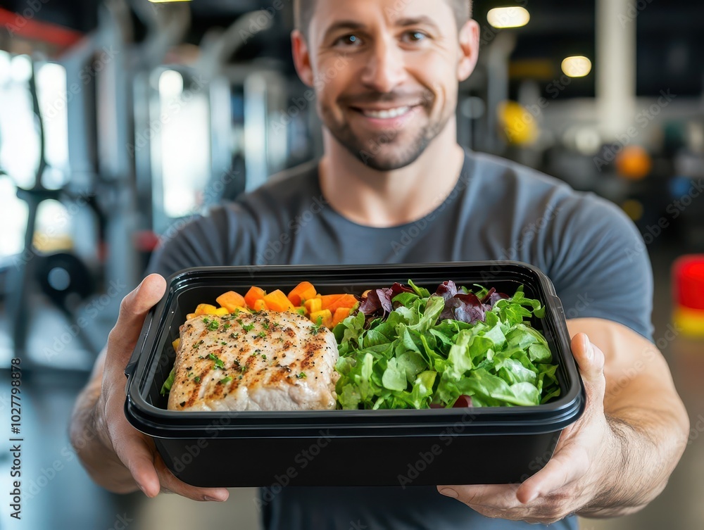 a man holding a black plastic container filled with a nutritious meal, including white meat and fresh salad, set against a gym backdrop, promoting healthy eating and fitness a man holding a black plastic container filled with a nutritious meal, including white meat and fresh salad, set against a gym backdrop, promoting healthy eating and fitness