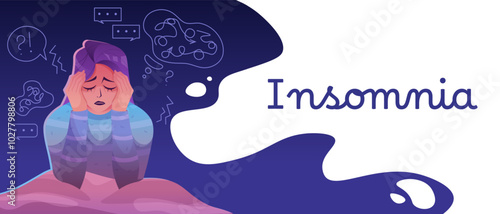 Insomnia. Sleep, disorder woman at night, sleepless and anxiety in bed by mental problems. Worry by trouble but sleepy. Horizontal web banner with copy space for text. Vector illustration
