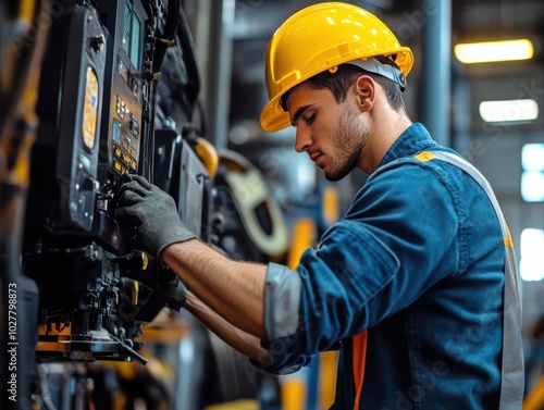 a man in a bright yellow helmet actively servicing a piece of construction equipment, showcasing focus and professionalism in an industrial setting