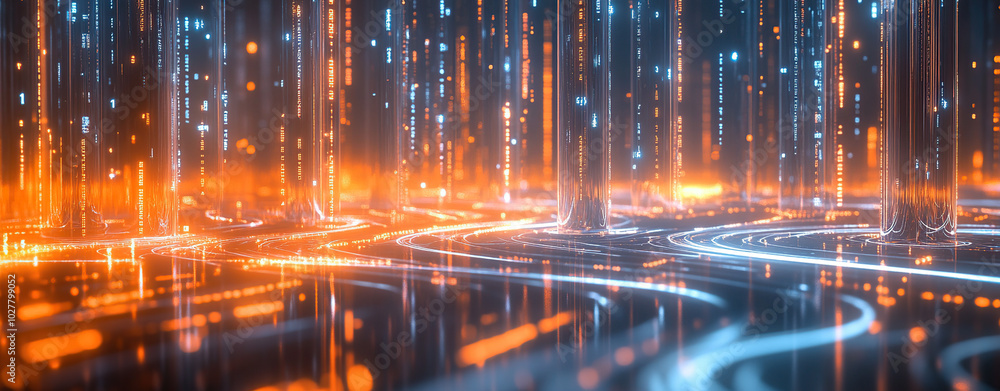 Naklejka premium Abstract scene with digital lights and glowing structures