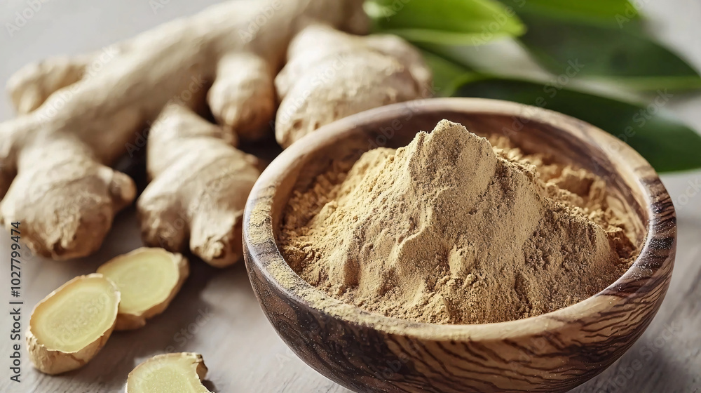 A wooden bowl filled with powdered ginger, surrounded by fresh ginger roots and slices, placed on a rustic surface with green leaves in the background, highlighting the natural and healthy qualities o A wooden bowl filled with powdered ginger, surrounded by fresh ginger roots and slices, placed on a rustic surface with green leaves in the background, highlighting the natural and healthy qualities o