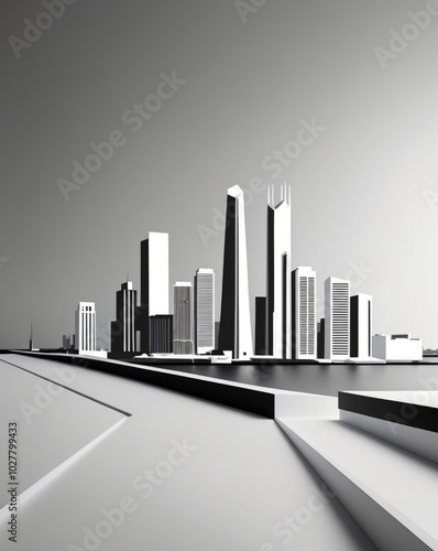 Urban skyline silhouette flat design side view cityscape water color Monochromatic Color Scheme.