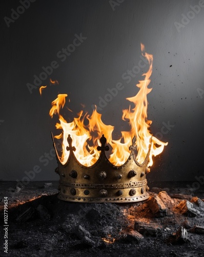 Fiery crown of a medieval king amidst flames and ashes. photo