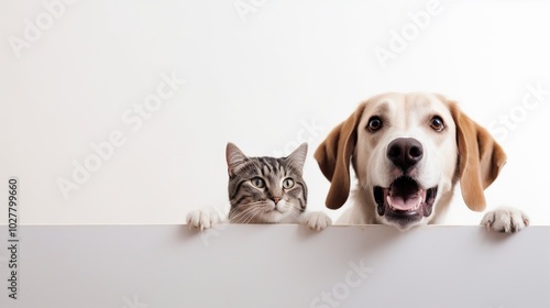 Funny portrait dogs on white table. Lovely fluffy cat licking lips. Free space for text. Mockup for your product. Gray background.