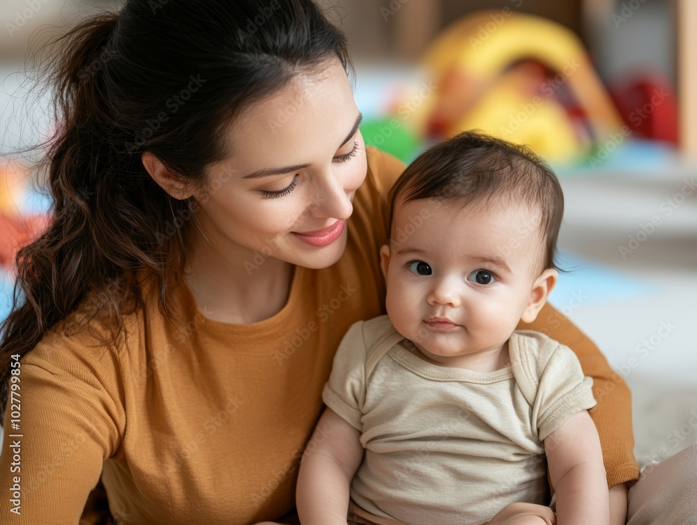 A loving mother smiles at her adorable baby, creating a warm and joyful atmosphere at home during playtime with colorful toys around. A loving mother smiles at her adorable baby, creating a warm and joyful atmosphere at home during playtime with colorful toys around.