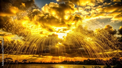 Golden Light Raining Through Dramatic Clouds Over a Silhouetted Lake