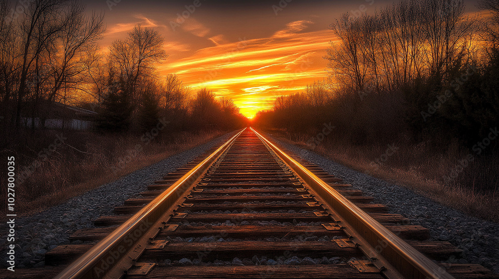 Fototapeta premium Railroad Tracks Leading To Sunset Over Silhouetted Trees