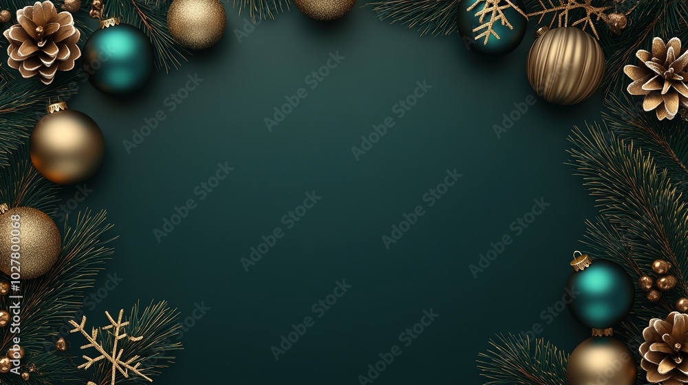 Christmas background with pine branches, golden and teal Christmas ornaments on a dark green background Christmas background with pine branches, golden and teal Christmas ornaments on a dark green background