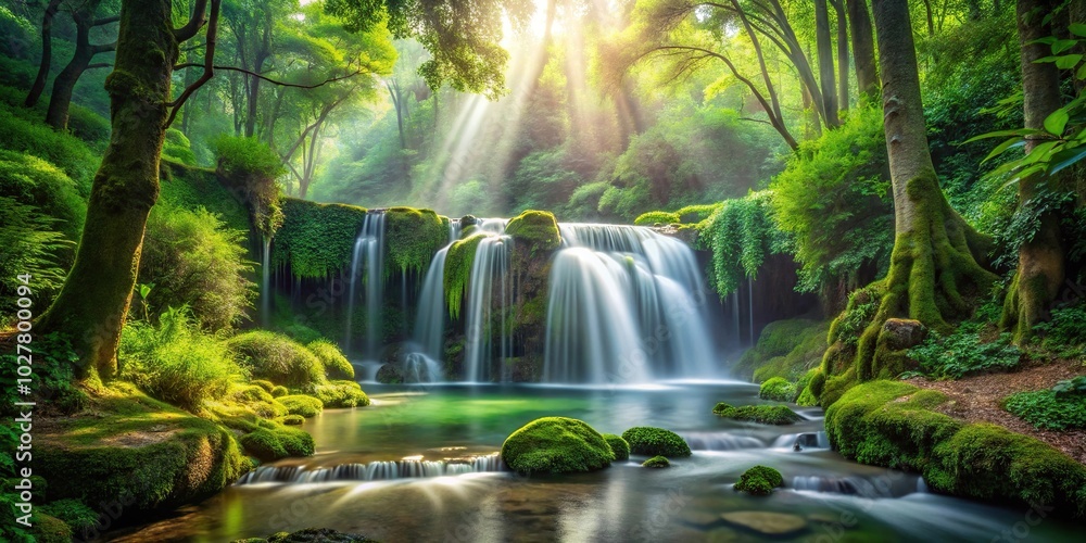 Fototapeta premium Enchanting forest glade with cascading waterfall Worm's Eye View