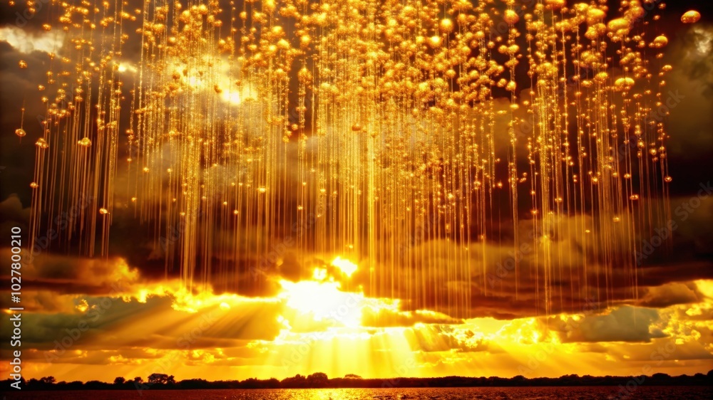 Naklejka premium Golden Lights and Strings of Light Raining Down During Sunset Over Water