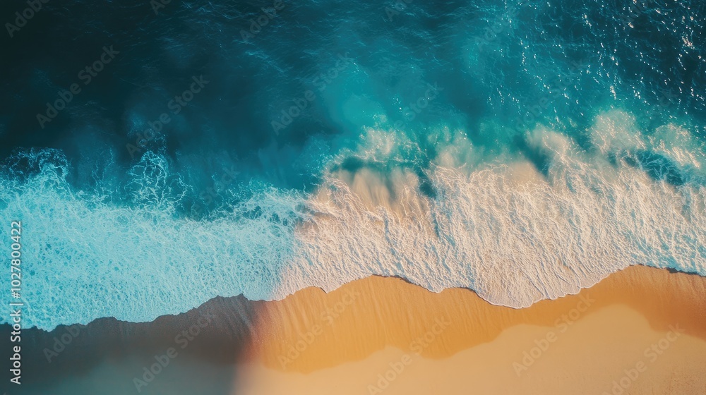 Drone perspective of a beautiful blue sea with waves splashing and a golden sandy shoreline in sunny weather Drone perspective of a beautiful blue sea with waves splashing and a golden sandy shoreline in sunny weather